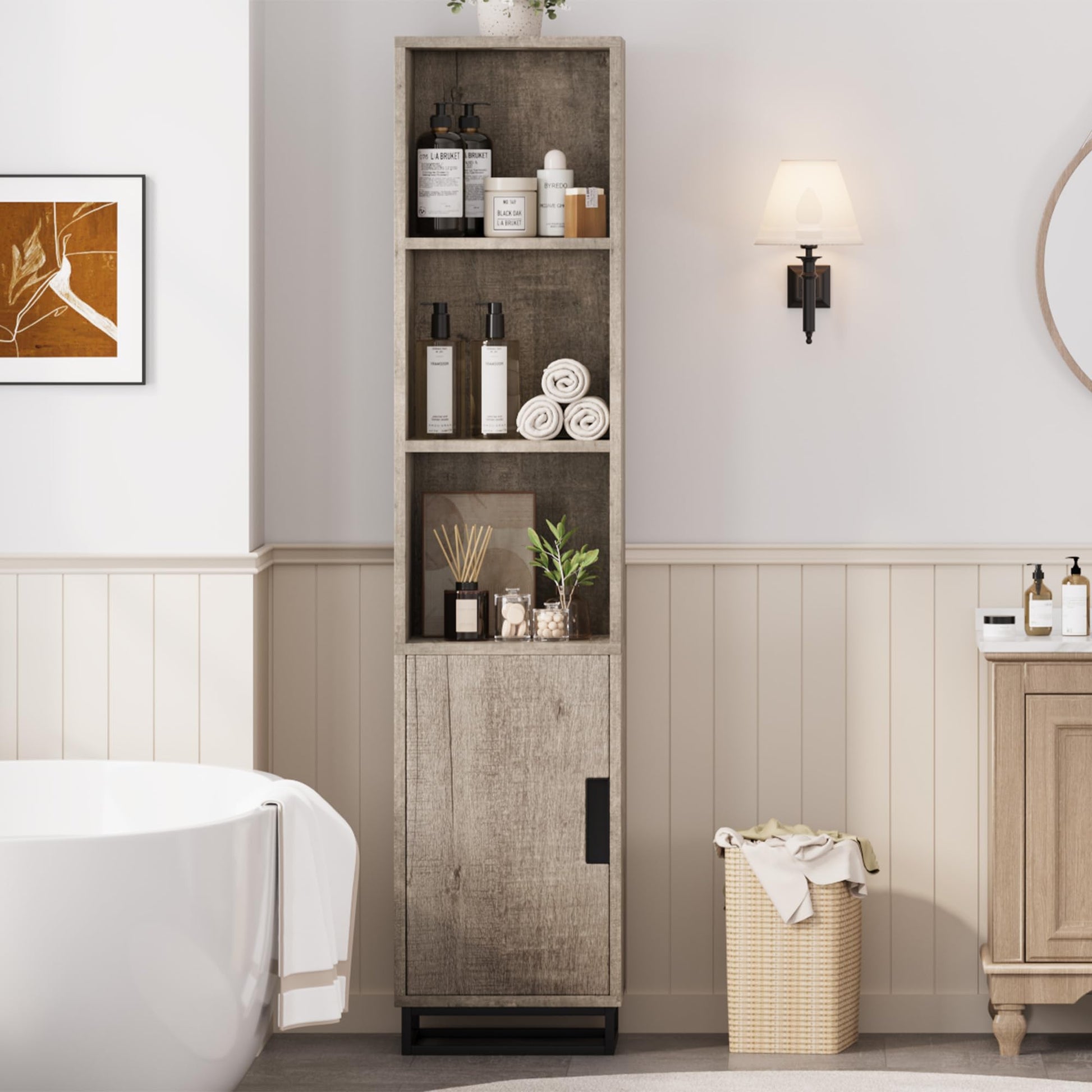 Armoire de salle de bain haute Garvee 70 po étroite avec porte et étagère réglable, en bois noir de style champêtre moderne, idéale pour la cuisine et le salon.