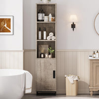 Armoire de salle de bain haute Garvee 70 po étroite avec porte et étagère réglable, en bois noir de style champêtre moderne, idéale pour la cuisine et le salon.