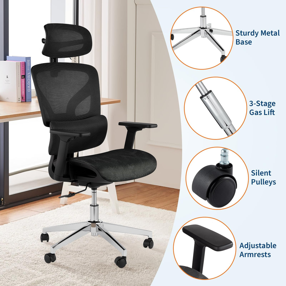 Garvee chaise de bureau ergonomique en maille respirante, accoudoirs 3D, repose-pieds, inclinaison 135°, Noir
