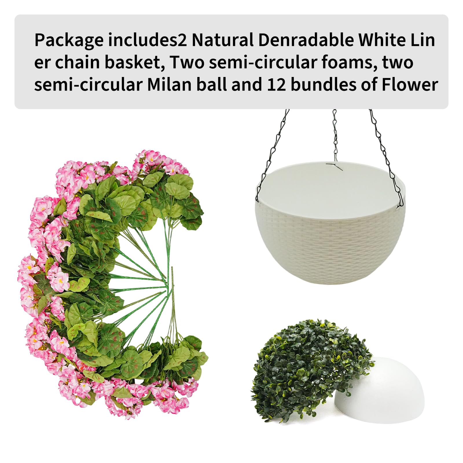 Garvee Lot de 2 géraniums artificiels avec 12 fleurs roses, résistants aux intempéries, panier blanc, à suspendre pour la décoration du jardin et de la terrasse