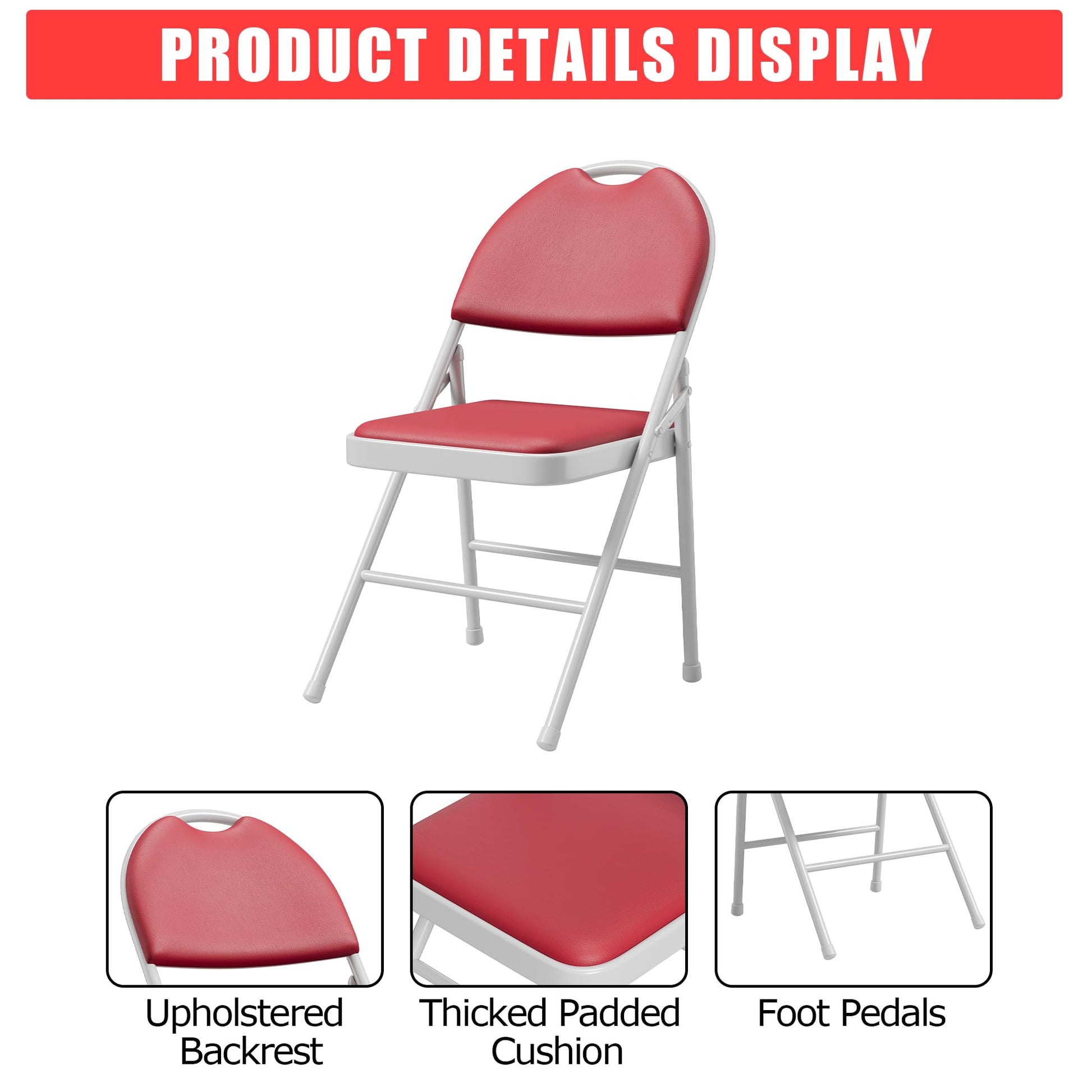 Ensemble de 6 chaises pliantes Garvee avec revêtement en similicuir, structure métallique pliable, empilables, rouges, pour le bureau et le camping