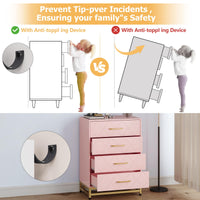 Commode Garvee à 4 tiroirs, poignées en métal, rose, bois, pieds en métal robustes, gain de place, pour salon et bureau