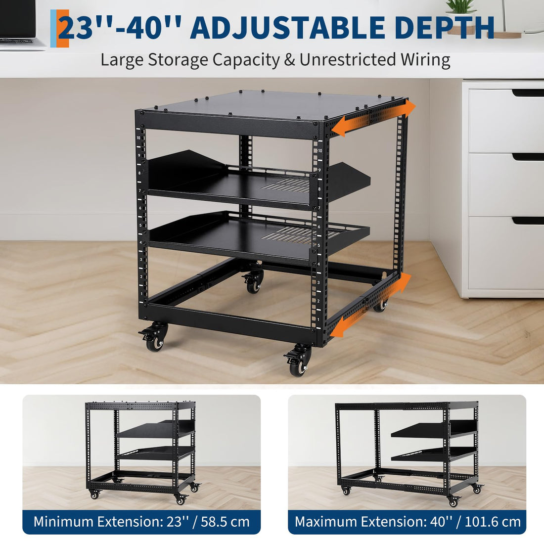 Garvee Baie serveur 12u à châssis ouvert, profondeur réglable de 58 à 102 cm, en acier avec 4 roulettes verrouillables, pour équipements informatiques et audiovisuels