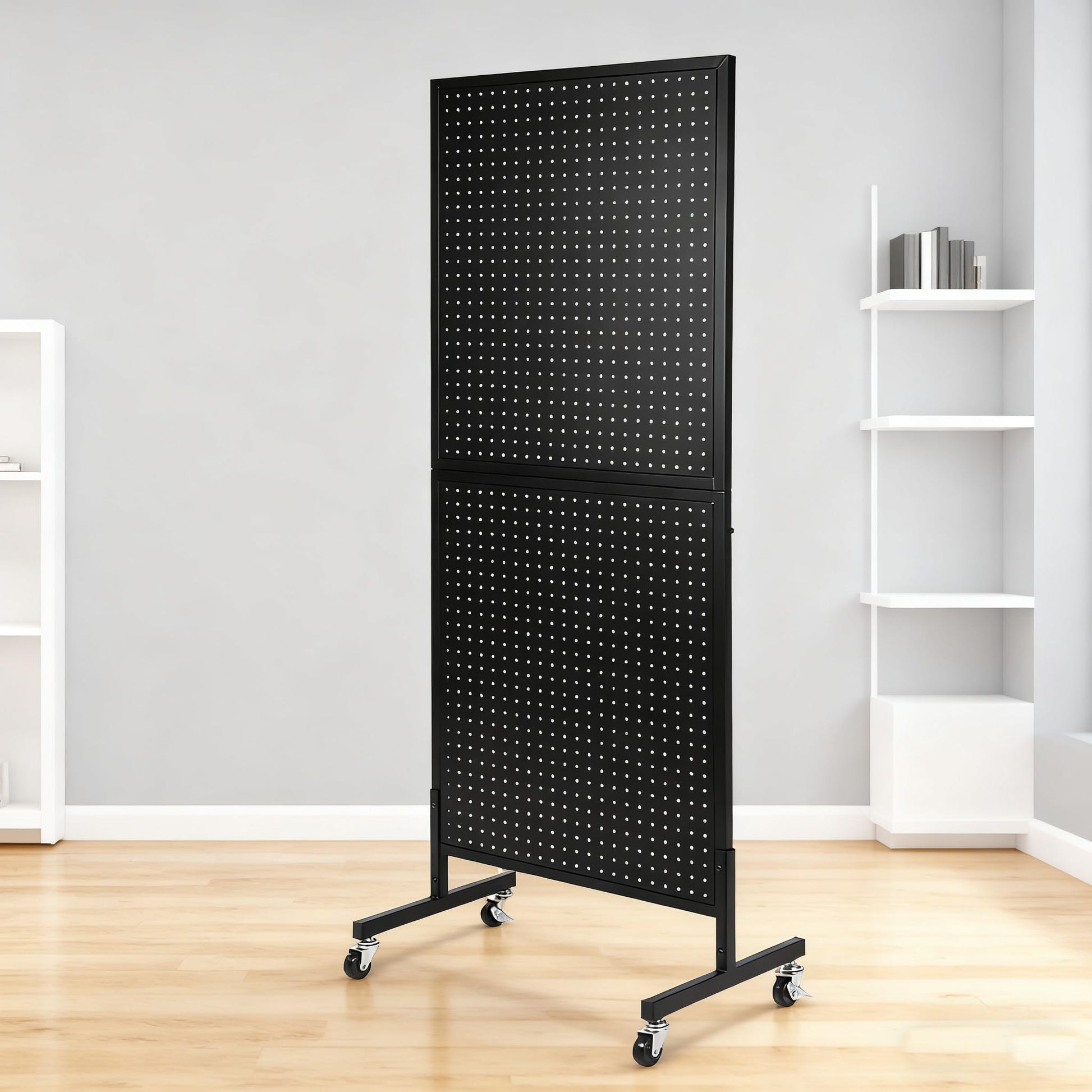 Présentoir à panneaux perforés Garvee 60 x 150 cm avec base en T et roulettes, 10 crochets, structure en fer robuste pour l'art et le commerce, mobile et polyvalent, noir