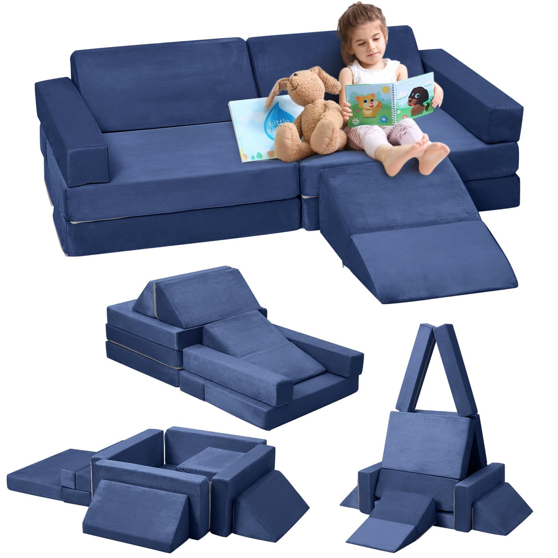 Garvee canapé modulable enfant 12 pièces, sofa de jeu en mousse pour salle de jeux, bébé et tout-petit, bleu marine