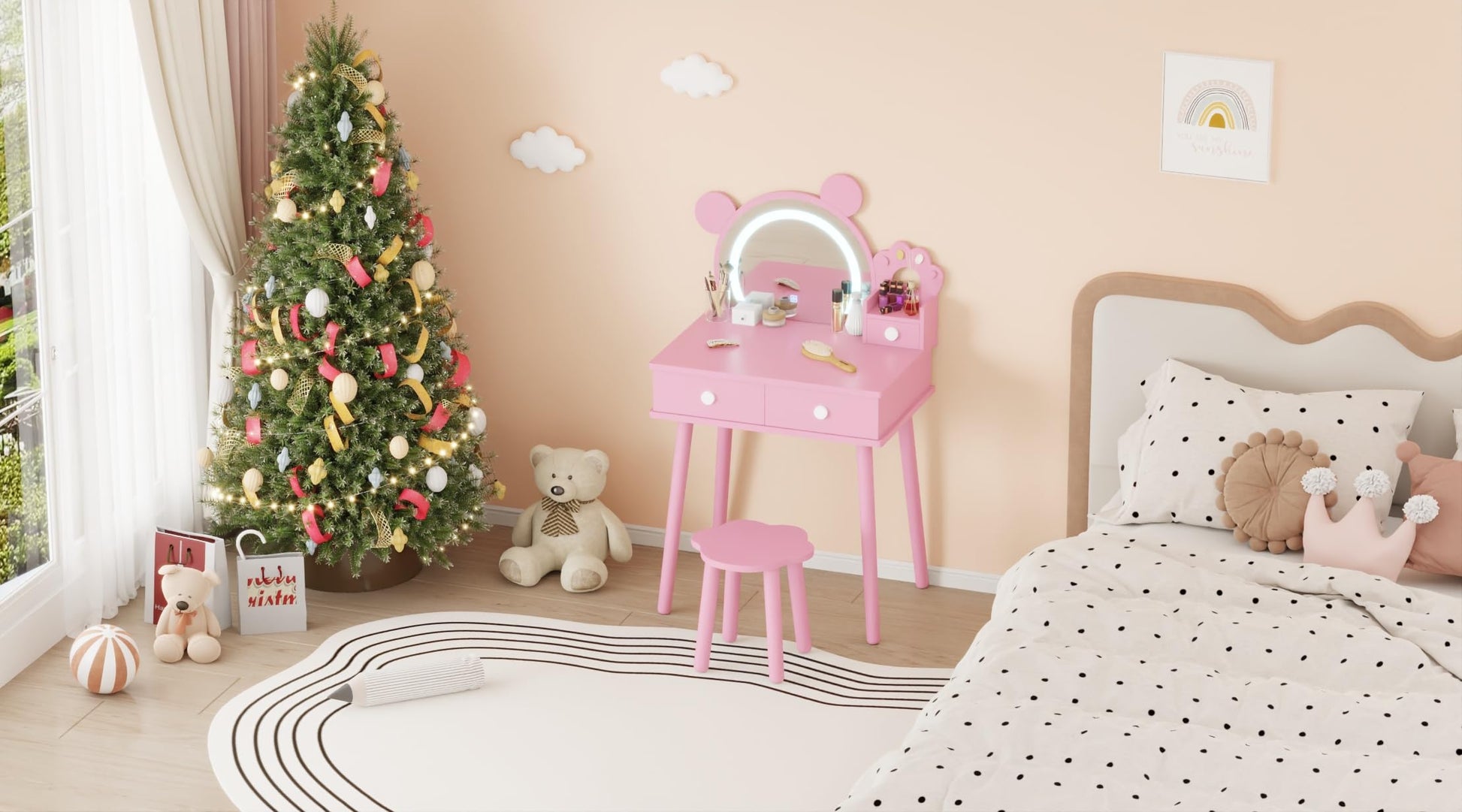 Coiffeuse Garvee pour enfant avec éclairage LED et rangement, forme ours, bois, miroir réglable, tabouret fleuri pour salle de jeux, 55 cm (L) x 38 cm (l) x 101 cm (H), couleur naturelle