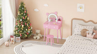 Coiffeuse Garvee pour enfant avec éclairage LED et rangement, forme ours, bois, miroir réglable, tabouret fleuri pour salle de jeux, 55 cm (L) x 38 cm (l) x 101 cm (H), couleur naturelle