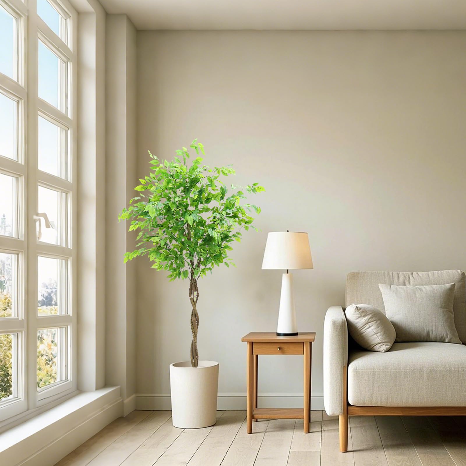 Ficus artificiel Garvee de 1,5 m avec feuilles en soie et pot en ciment robuste, vert, pour la maison et le bureau