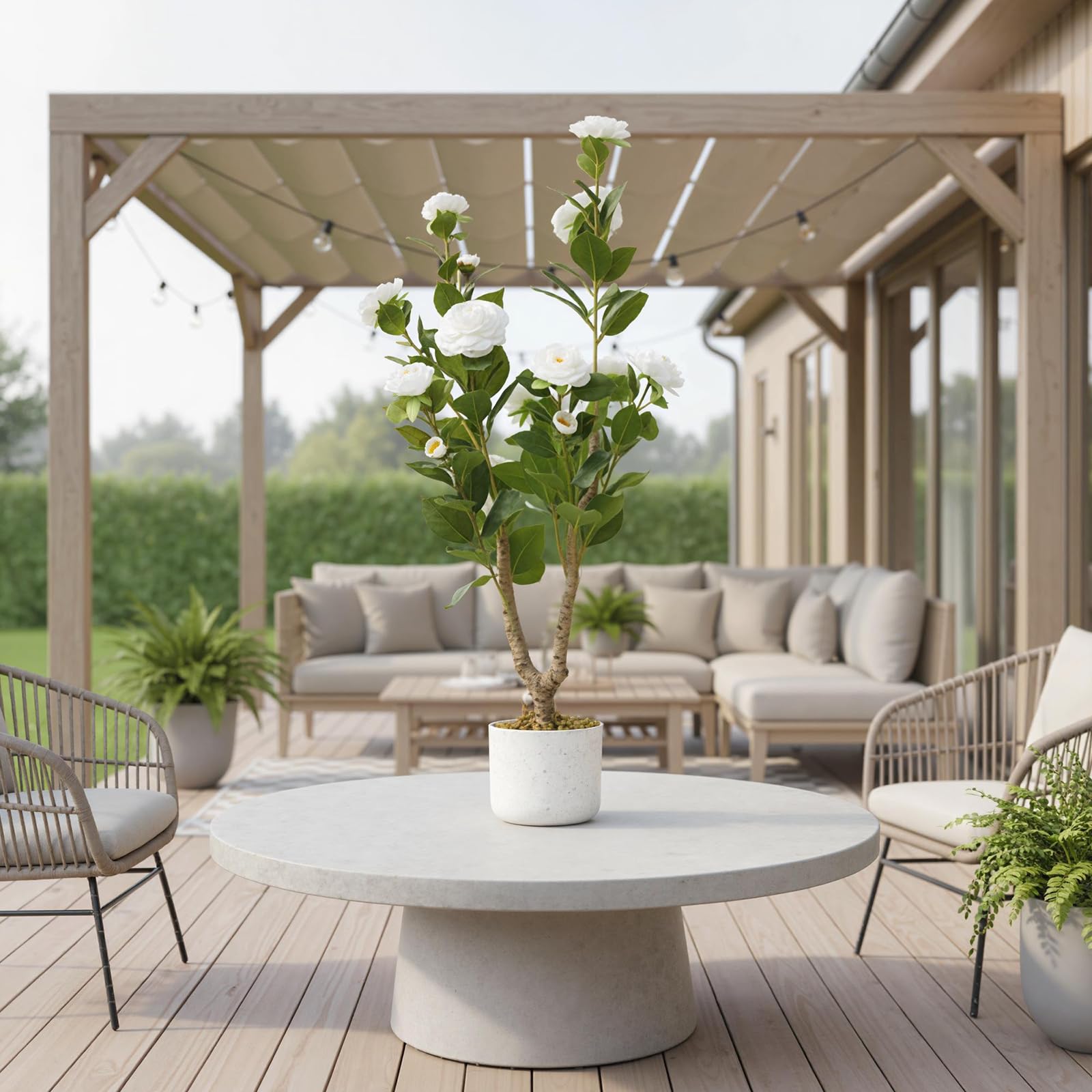 Lot de 2 camélias artificiels Garvee de 90 cm avec pot blanc, pour l'intérieur et les espaces extérieurs couverts. Faciles d'entretien, aspect réaliste, en polyester et PEVA.