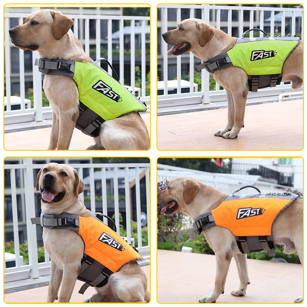 Gilet de sauvetage pour chien Garvee, en tissu ripstop, ajustable avec poignée et bandes réfléchissantes, pour chiens de petite, moyenne et grande taille, vert fluorescent, taille XL