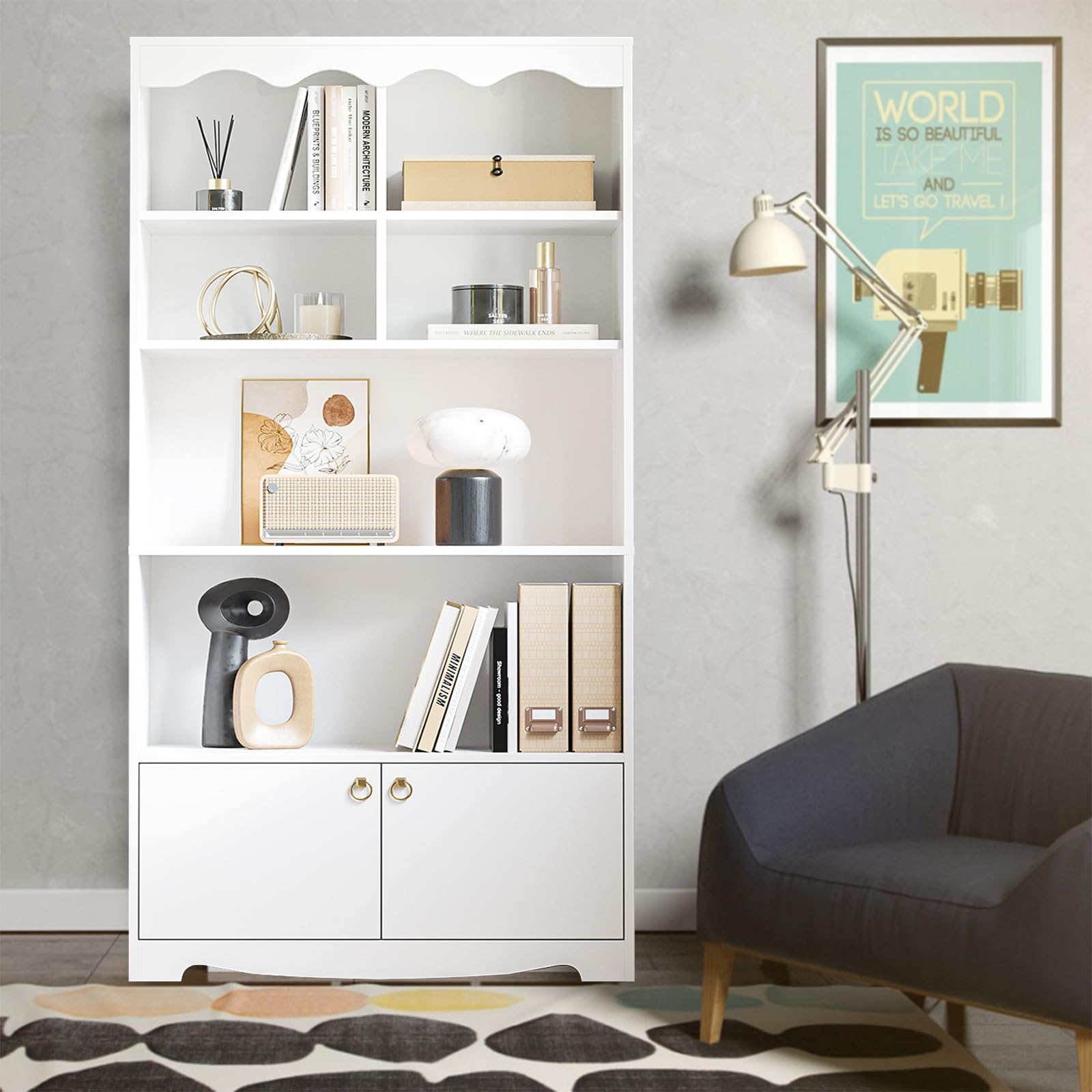 Garvee Bibliothèque blanche 5 niveaux avec étagères ouvertes et portes, meuble de rangement moderne en bois, hauteur 160cm, pour bureau