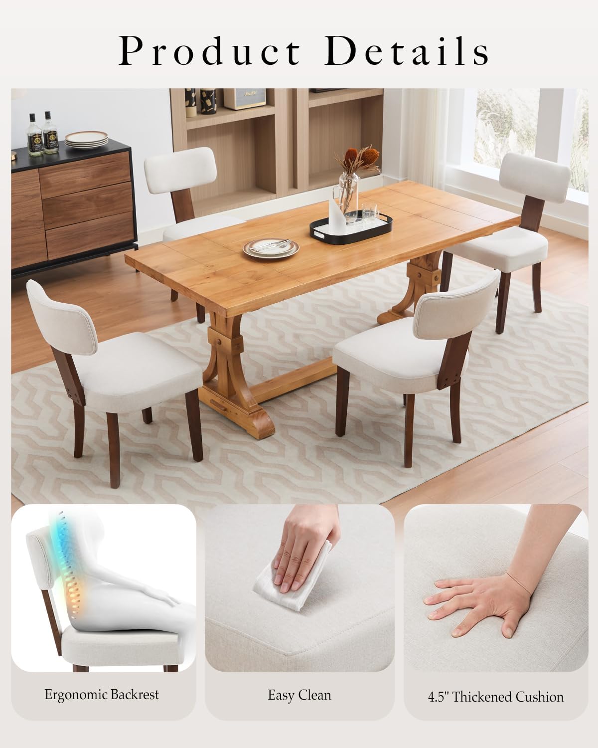 Chaises de salle à manger Garvee, lot de 2, revêtement en tissu, dossier ergonomique incurvé, structure en bois, résistant aux rayures, beige, mobilier de cuisine et de salle à manger