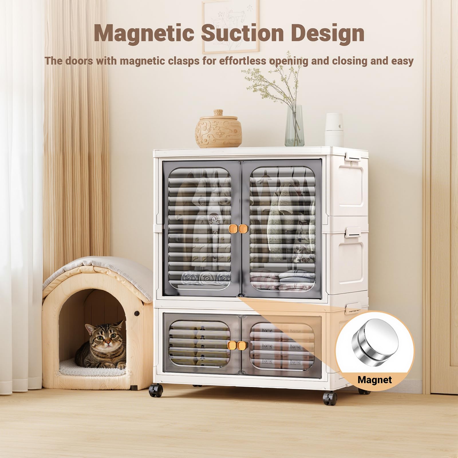 Armoire pour animaux Garvee avec boîtes de rangement empilables, roulettes, portes, pliable pour salon et chambre, robuste et polyvalente