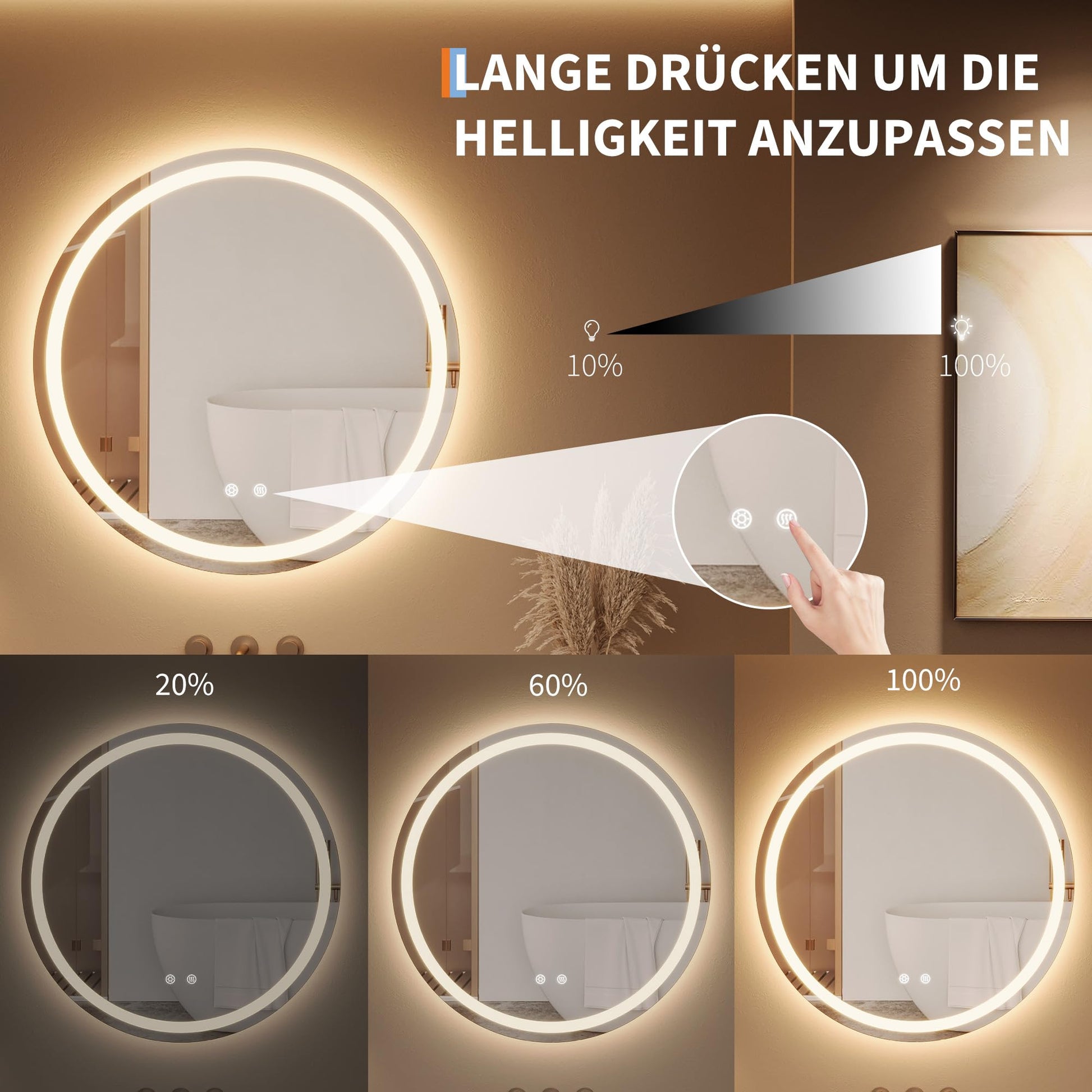 Miroir de maquillage lumineux Garvee, miroir de salle de bain rond de 50 cm avec éclairage LED, interrupteur tactile, verre incassable, intensité réglable et traitement antibuée.