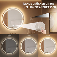 Miroir de maquillage lumineux Garvee, miroir de salle de bain rond de 50 cm avec éclairage LED, interrupteur tactile, verre incassable, intensité réglable et traitement antibuée.