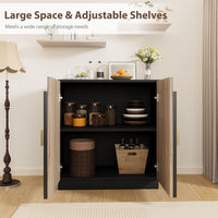 Buffet Garvee style moderne milieu de siècle avec portes cintrées, étagères réglables, coloris noir-brun, pour salle à manger et salon, modulable, panneaux de particules et MDF