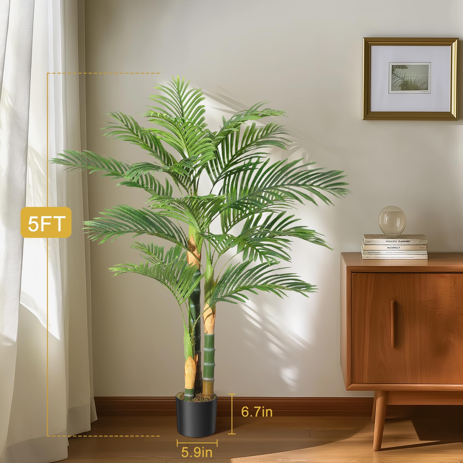 Palmier artificiel doré Garvee 1,5 m, résistant aux UV, en polyéthylène, feuilles ajustables, base stable, pour l'intérieur et l'extérieur, vert et or