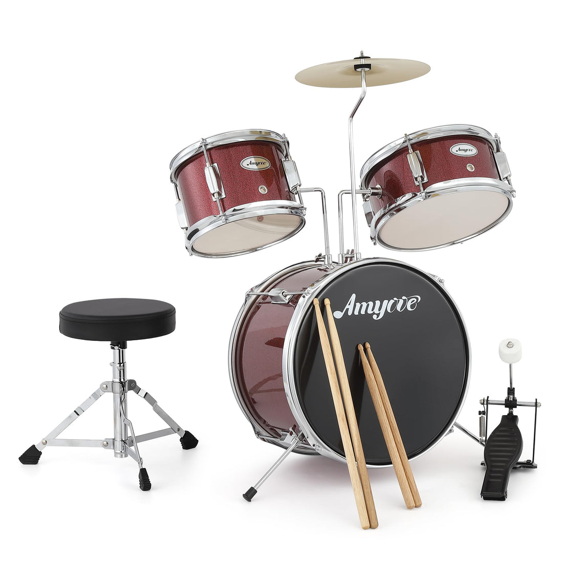 Garvee Batterie 3 pièces pour débutants avec cymbales et pédale de grosse caisse, pour chambre d'enfant, 74 cm (73,7 cm), rouge