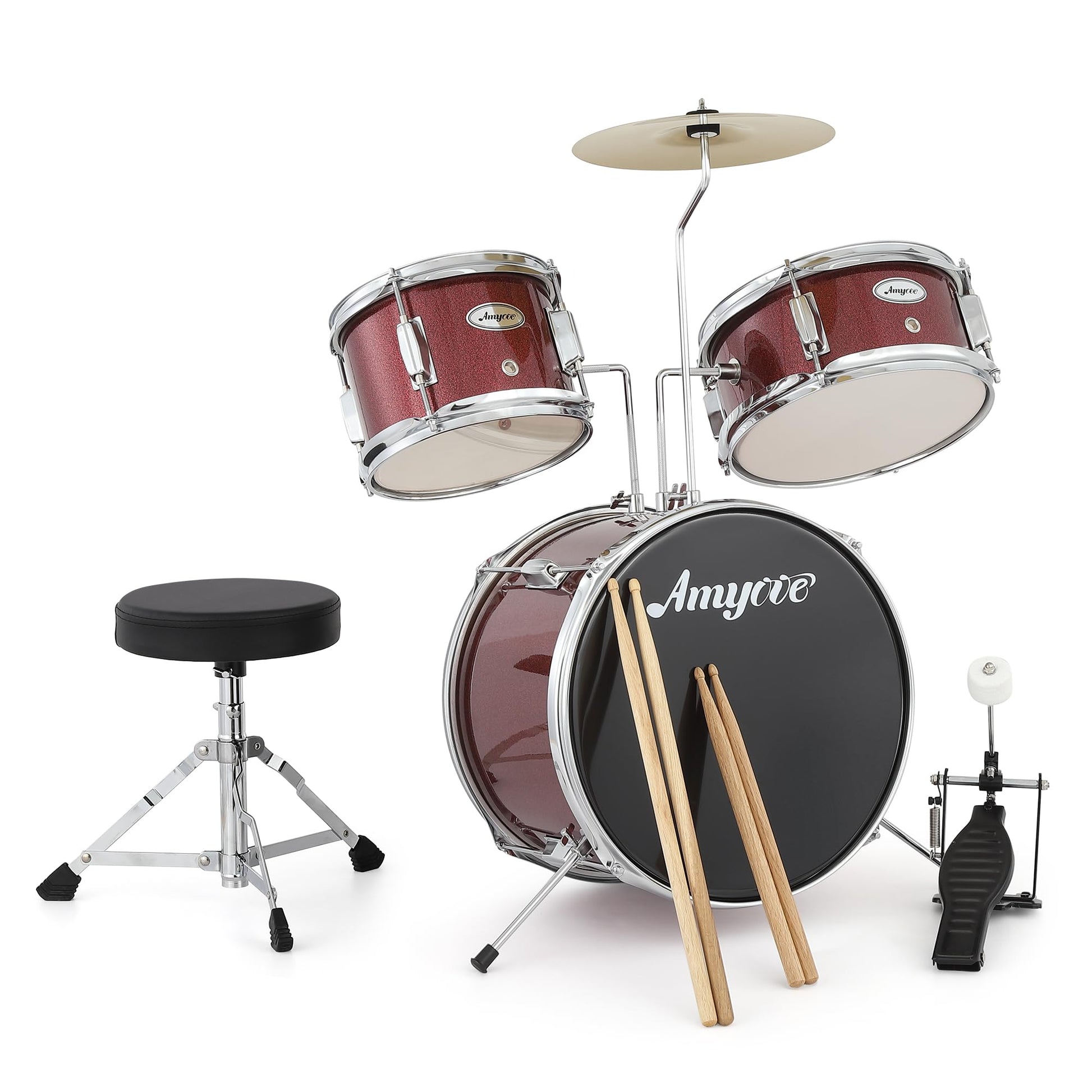 Batterie Garvee 3 pièces pour débutants avec cymbales et pédale de grosse caisse, pour chambre d'enfant, 74 cm (29 pouces), rouge
