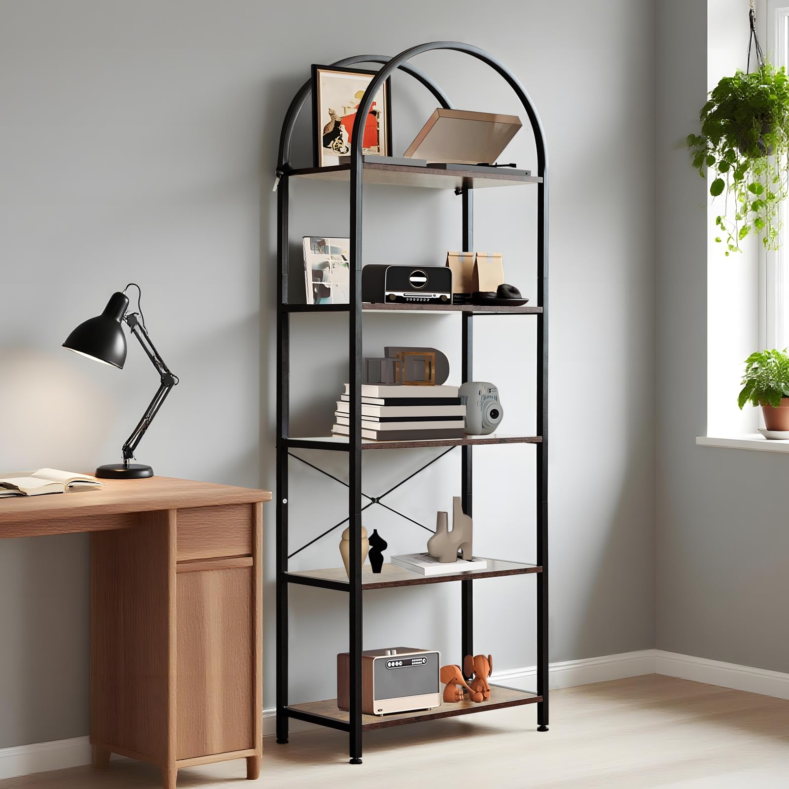 Garvee Bibliothèque à 5 niveaux avec arche, structure métallique robuste, grandes étagères en bois pour salon et bureau, 180×60×28cm, noir moderne