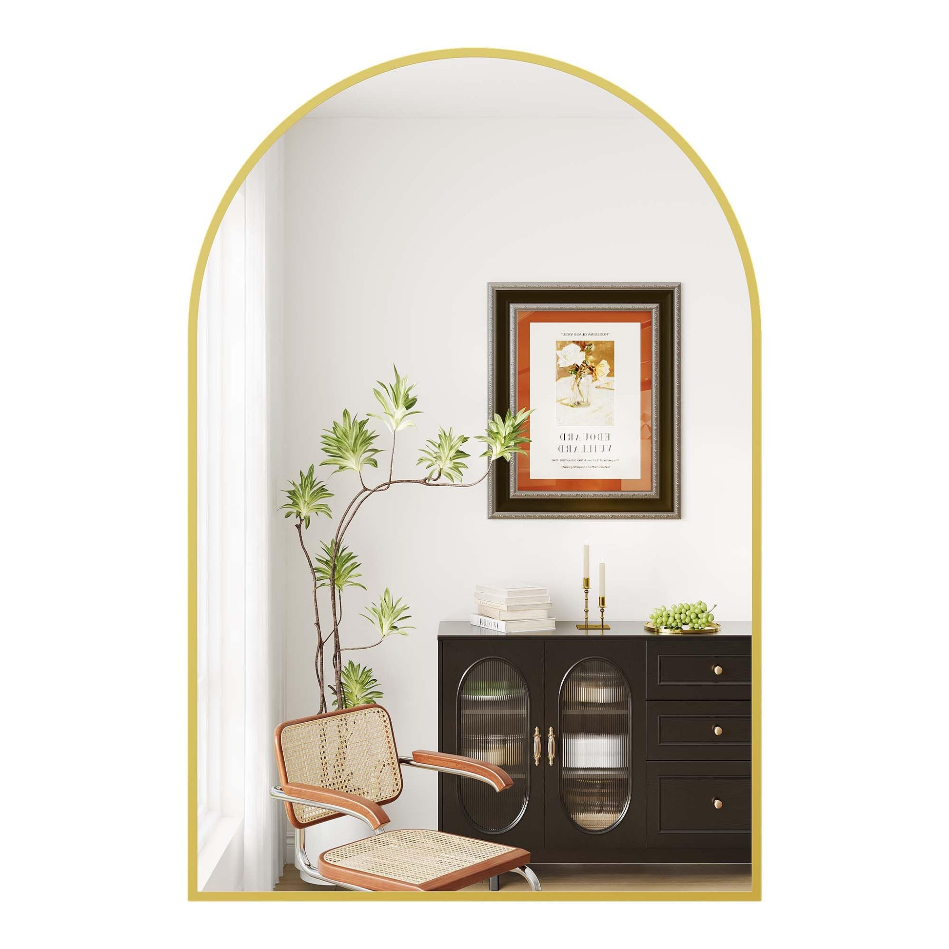 Miroir mural arqué Garvee 66 x 97 cm, cadre en métal doré, antibuée, pour salle de bain, chambre ou salon