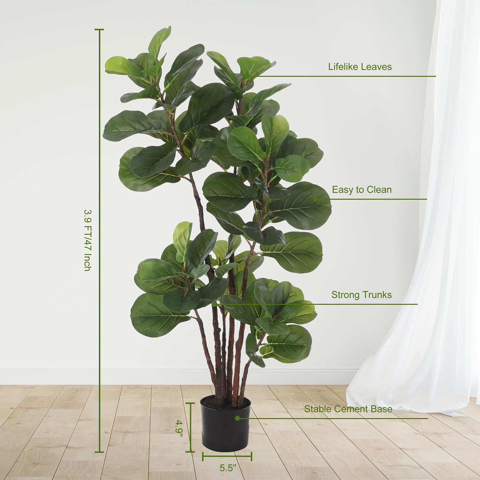 Figuier lyre artificiel Garvee de 1,5 m (4,9 pi) avec 102 feuilles, vert, résistant aux intempéries, idéal pour la décoration de la maison et du bureau.