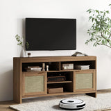 Garvee Meuble TV boho rotin 147 cm avec étagères réglables bois robuste portes élégantes rangement spacieux salon/chambre naturel