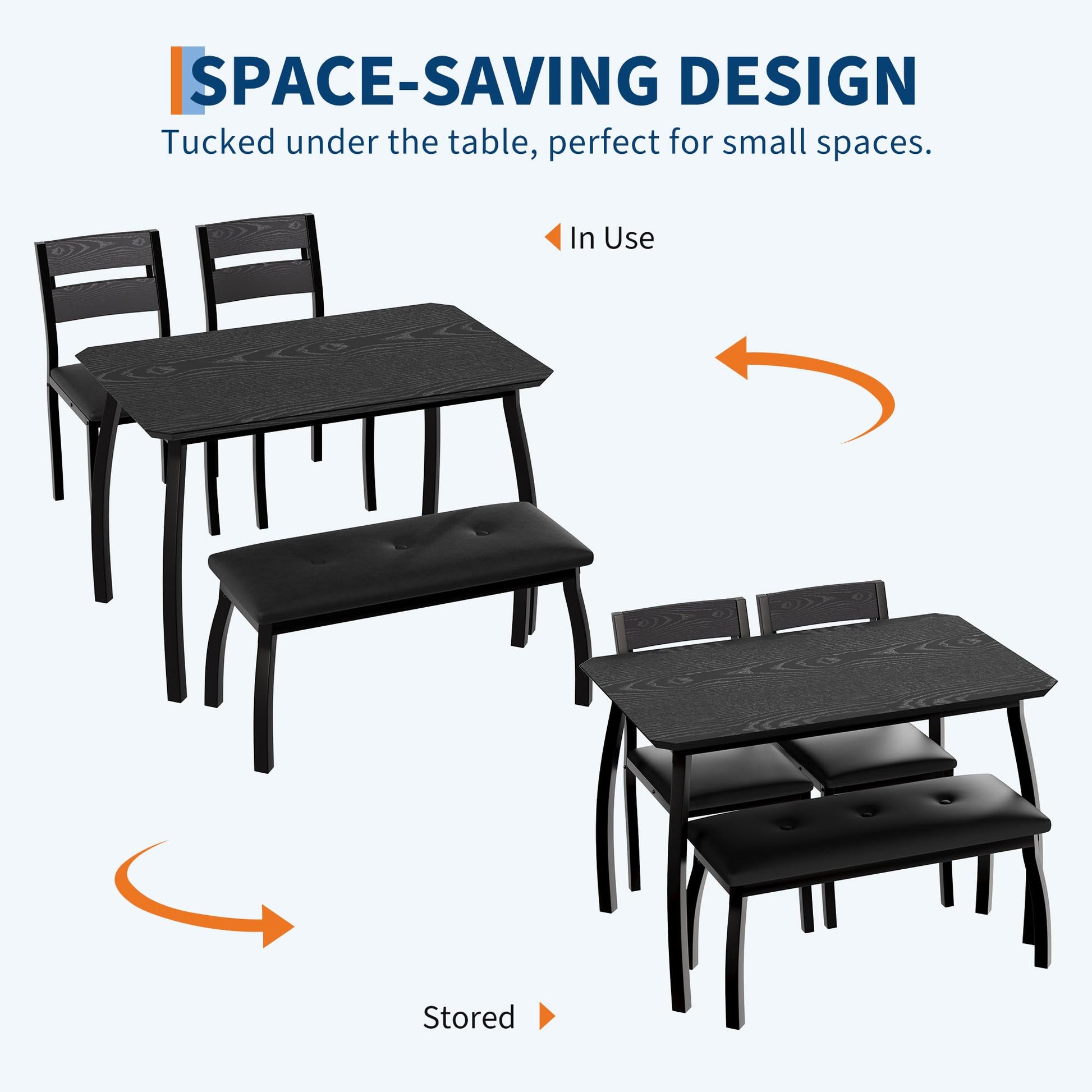 Ensemble de salle à manger Garvee pour 4 personnes, en bois et métal, comprenant une banquette rembourrée et 2 chaises, noir, idéal pour la cuisine et les réceptions, robuste et peu encombrant.
