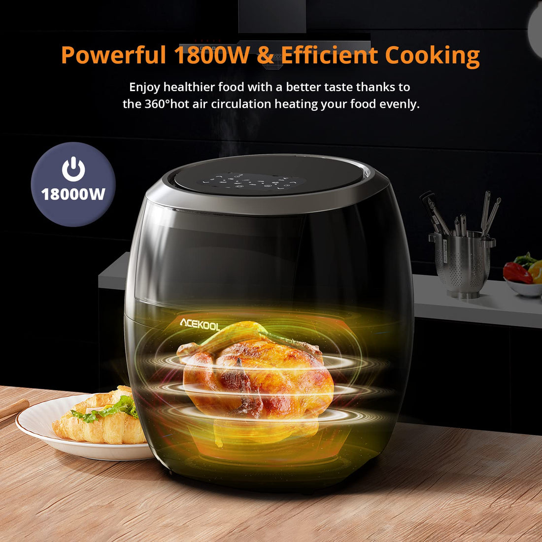 Friteuse à air chaud GARVEE 8L, sans huile, économe en énergie (1800 W), 8 programmes, affichage numérique, arrêt automatique, résultats croustillants, compatible lave-vaisselle.