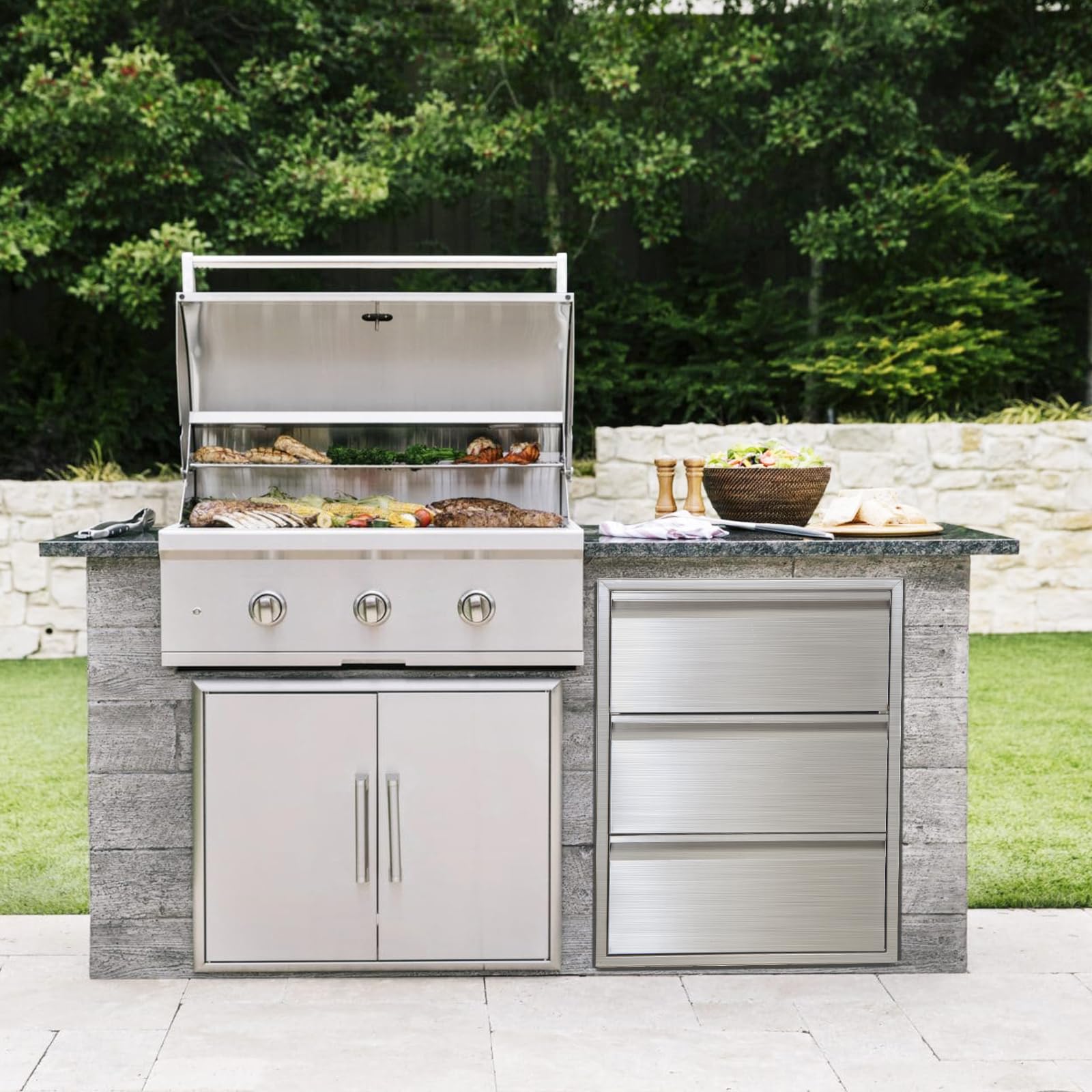 Tiroirs de cuisine extérieure Garvee en acier inoxydable – Station de grillade robuste à 3 niveaux pour jardin, terrasse, camping et cuisine extérieure