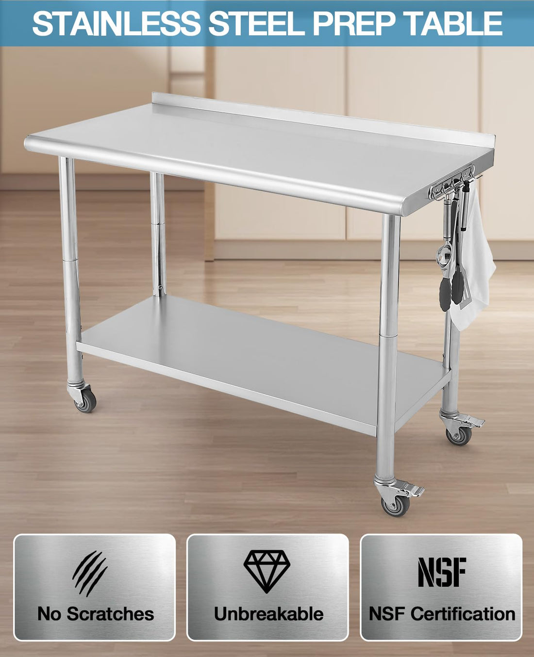 Garvee Table de préparation inox avec 5 crochets et roulettes, meuble mobile pour cuisine professionnelle