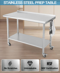 Garvee Table de préparation inox avec 5 crochets et roulettes, meuble mobile pour cuisine professionnelle