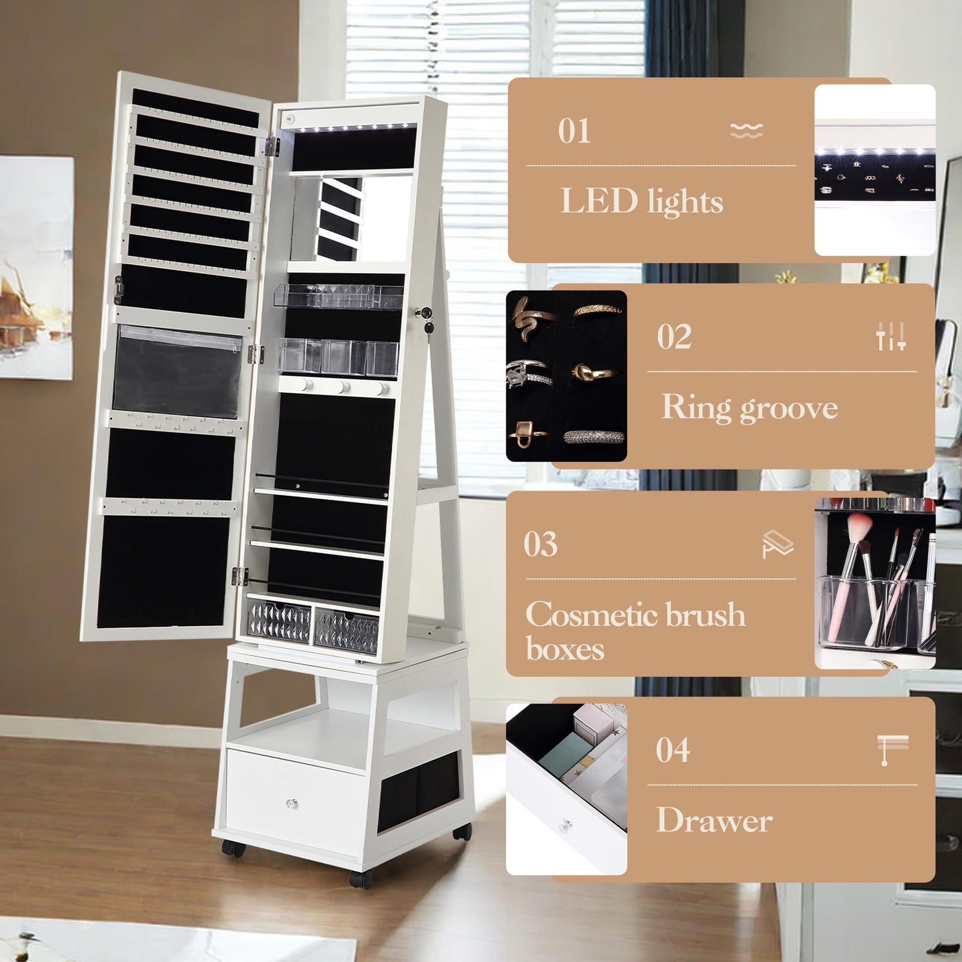 Garvee Armoire à bijoux pivotante à 360° avec miroir pleine longueur, éclairage LED, intérieur velours, blanche, pour chambre, verrouillable