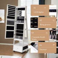 Garvee Armoire à bijoux pivotante à 360° avec miroir pleine longueur, éclairage LED, intérieur velours, blanche, pour chambre, verrouillable