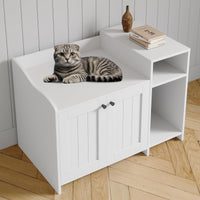 Bac à litière Garvee avec étagère de rangement et porte de grange rustique en bois blanc, idéal pour le salon et la chambre.