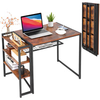 Bureau pliant Garvee 35 pouces avec rangement, structure en métal, panneaux de particules P2, marron, pour bureau et chambre, gain de place, polyvalent