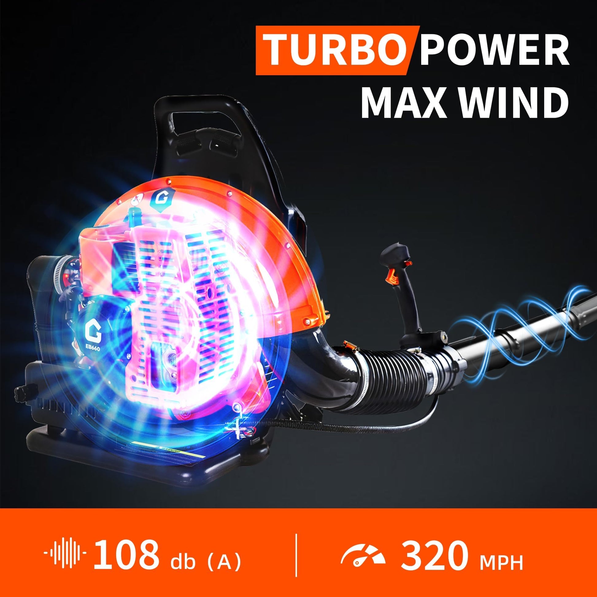 Garvee Souffleur de Feuilles à Dos 2 Temps 66 cm³, 4,0 CV, Débit d’Air 25 m³/min, Vitesse 515 km/h, Plastique, pour Jardiniers et Entreprises Paysagistes, Orange et Noir