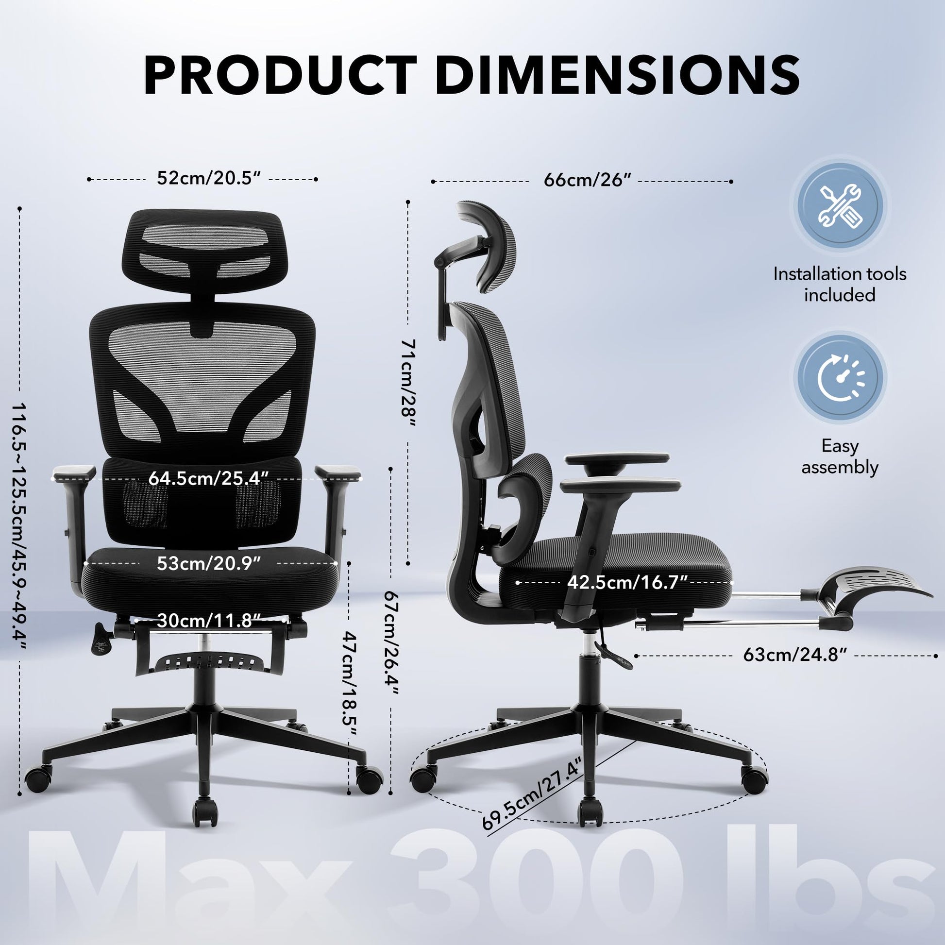 Chaise de bureau ergonomique Garvee en maille avec repose-pieds et soutien lombaire réglables, idéale pour le bureau et le télétravail. Dossier haut, structure en métal, noire.