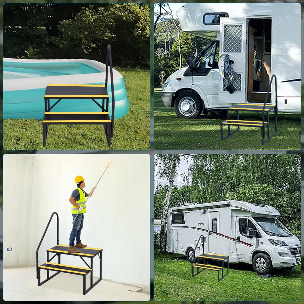 Garvee Escalier portable 2 marches avec rampe, bandes antidérapantes, pour camping-car, mobil-home, spa, caravane, piscine hors-sol, intérieur/extérieur