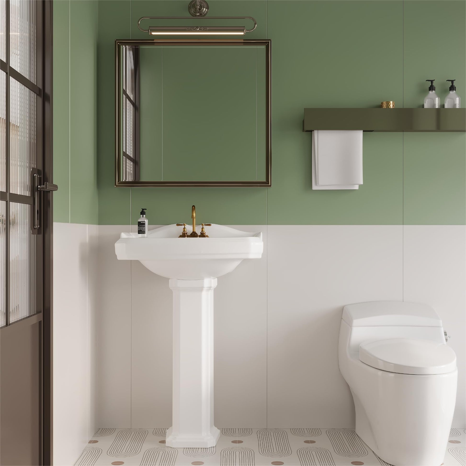 Lavabo sur pied rectangulaire en céramique Garvee 23 x 19 pouces avec robinet à 3 trous et trop-plein pour salle de bain moderne, blanc