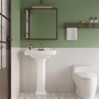 Lavabo sur pied rectangulaire en céramique Garvee 23 x 19 pouces avec robinet à 3 trous et trop-plein pour salle de bain moderne, blanc