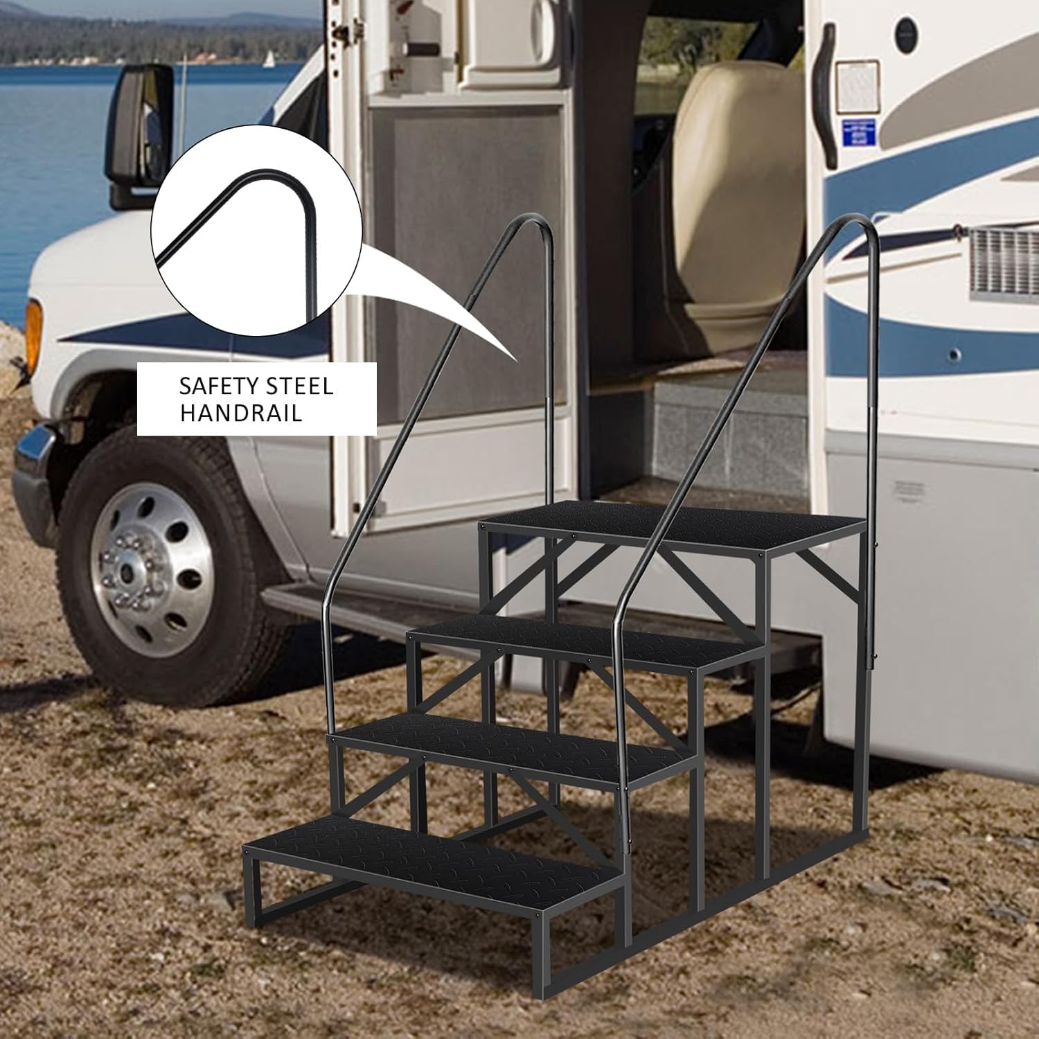 Escalier Garvee à 3 marches pour camping-car avec rampe, capacité de charge de 300 kg, en aluminium, robuste et portable pour caravanes et usage extérieur.