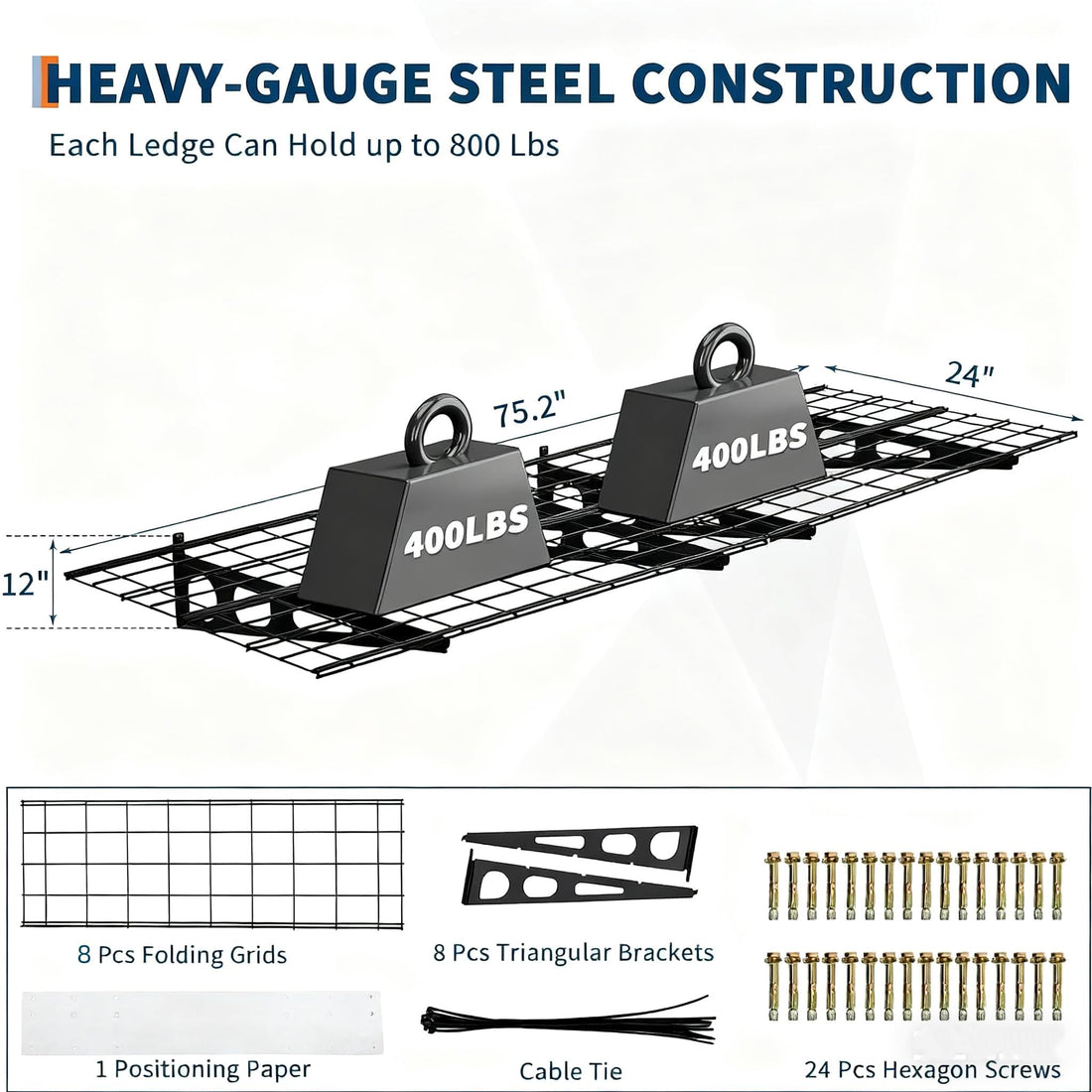 Garvee Lot de 2 étagères murales pliables 60 × 180 cm en acier, rangement robuste pour garage, avec sangle de sécurité, noir