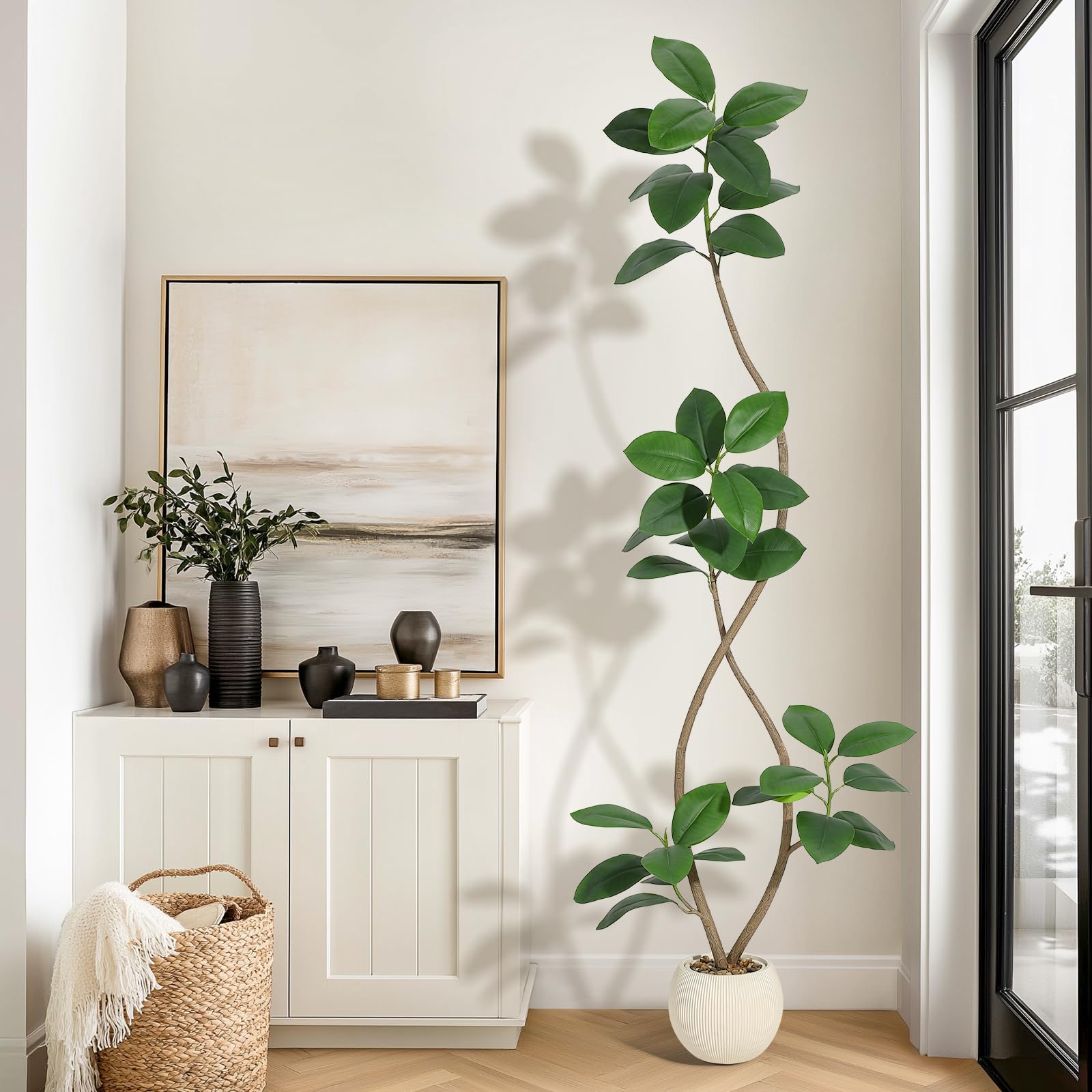 Garvee Ficus Lyrata artificiel 210 cm, pot beige avec pierres, plante réaliste sans entretien, résistant aux UV, maison et bureau
