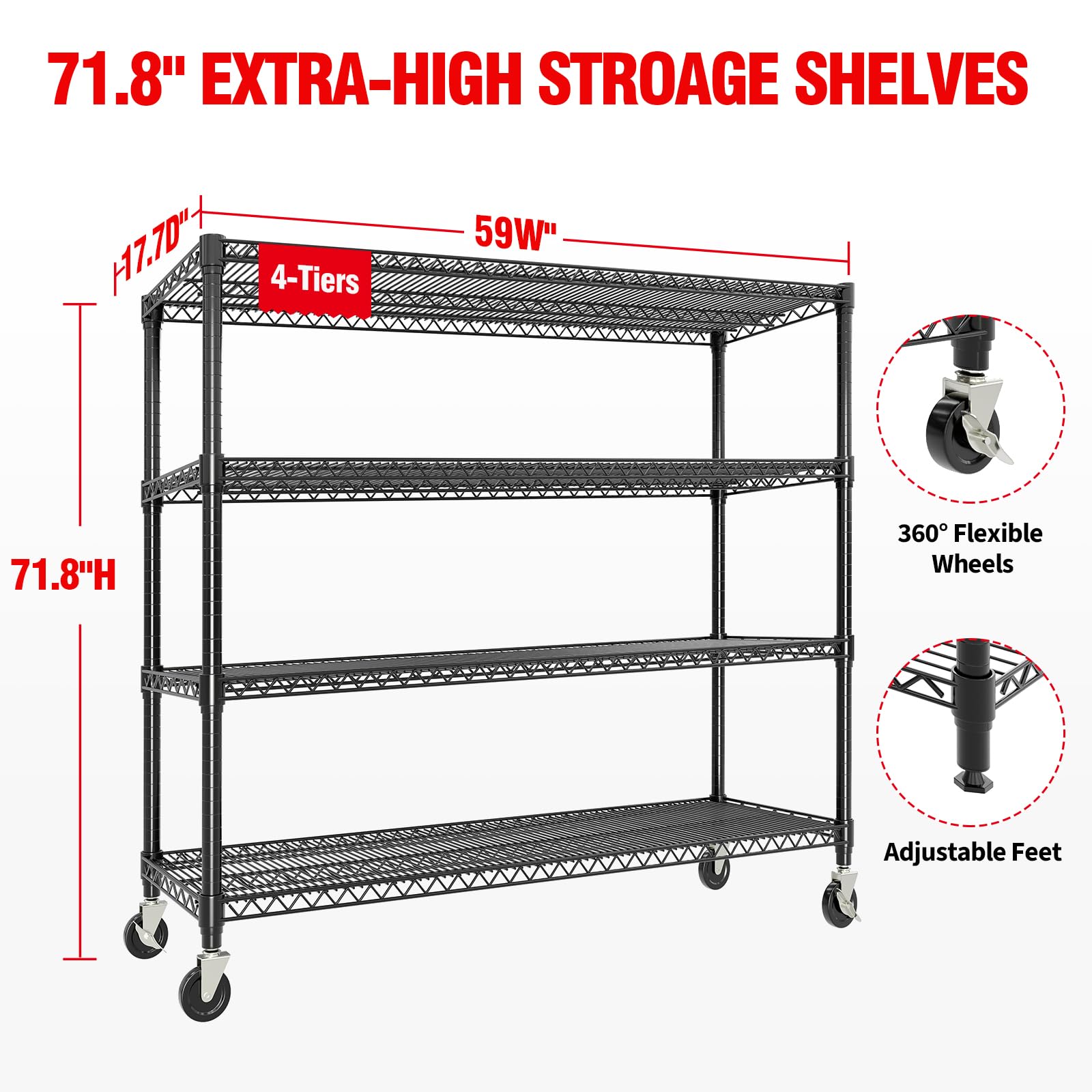 Étagère robuste Garvee 71 po H, capacité de 2 640 lb, 4 niveaux, acier, roulettes et pieds, pour garage et entrepôt, 59 po L x 17,7 po P, grise