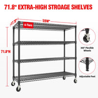Étagère robuste Garvee 71 po H, capacité de 2 640 lb, 4 niveaux, acier, roulettes et pieds, pour garage et entrepôt, 59 po L x 17,7 po P, grise