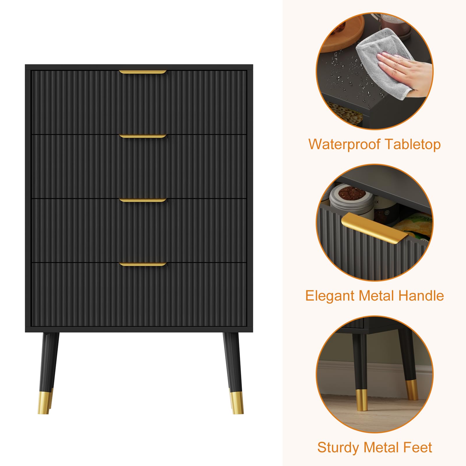 Commode moderne Garvee à 5 tiroirs avec pieds en métal et poignées dorées, idéale pour la chambre et le salon. Structure en MDF, imperméable et stable. Finition dorée élégante.