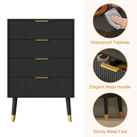 Commode moderne Garvee à 5 tiroirs avec pieds en métal et poignées dorées, idéale pour la chambre et le salon. Structure en MDF, imperméable et stable. Finition dorée élégante.