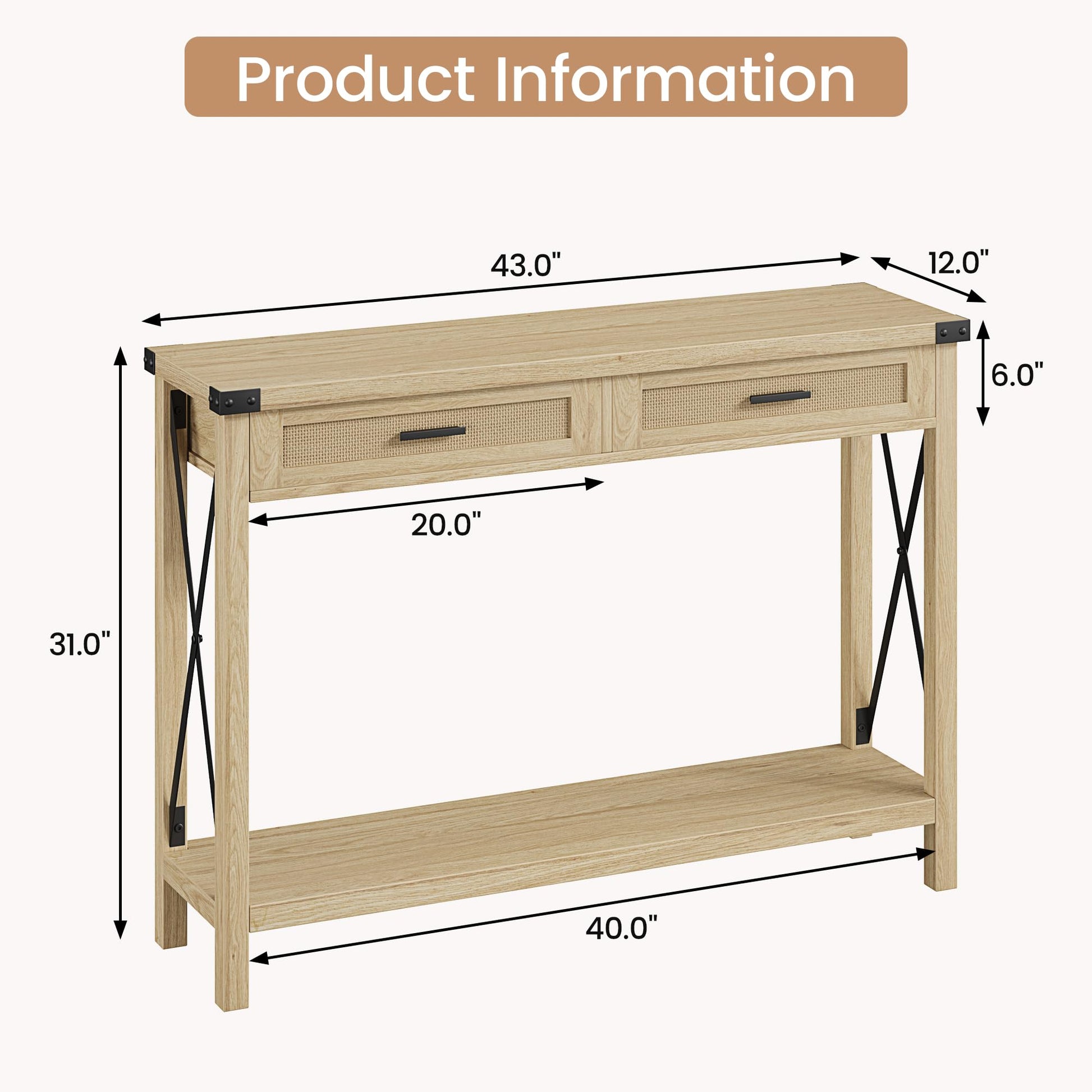 Console Garvee style ferme avec tiroirs en rotin, 109 cm, style rustique, idéale pour un couloir ou un salon.