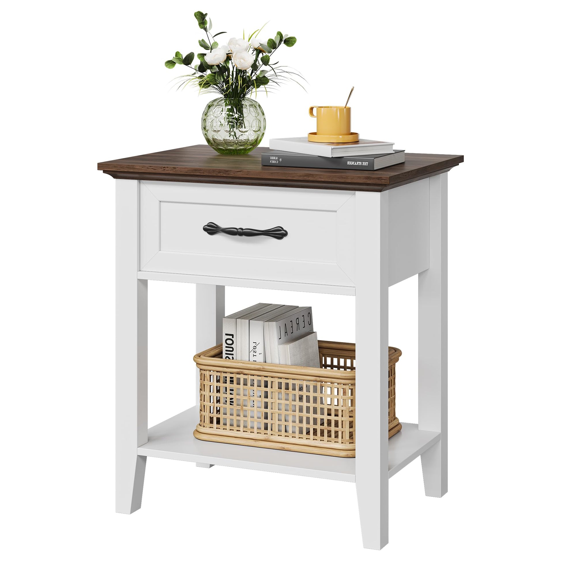 Table de chevet Garvee avec tiroir, 2 niveaux de rangement, bois, blanc, pour chambre et salon, robuste et polyvalente